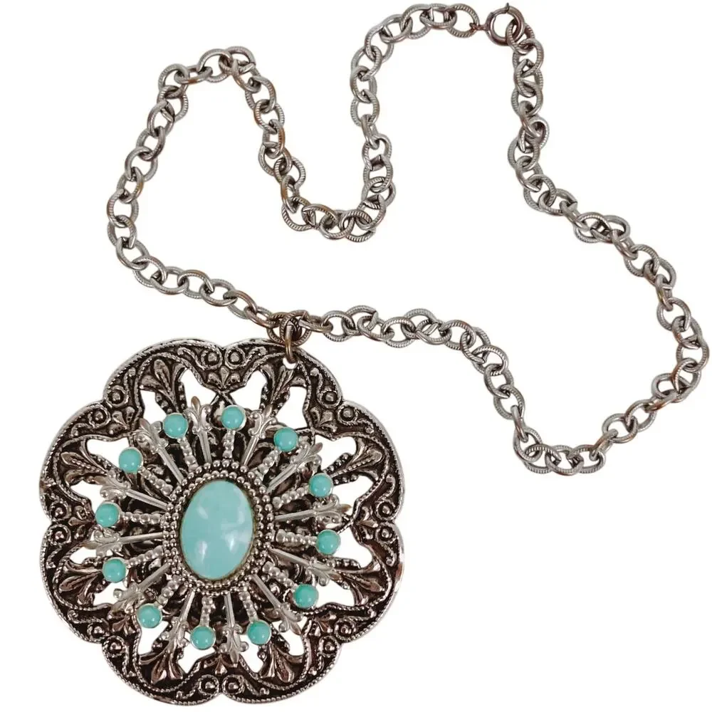 VTG Medallion Pendant Necklace Turquoise Style Cab Boho Southwestern Silver Tone